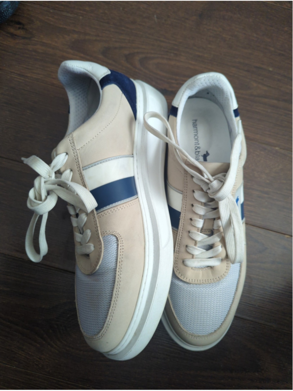 Men's Harmont & Blaine Sneakers in Beige and Blue with Side Logo - Picture 7 of 14